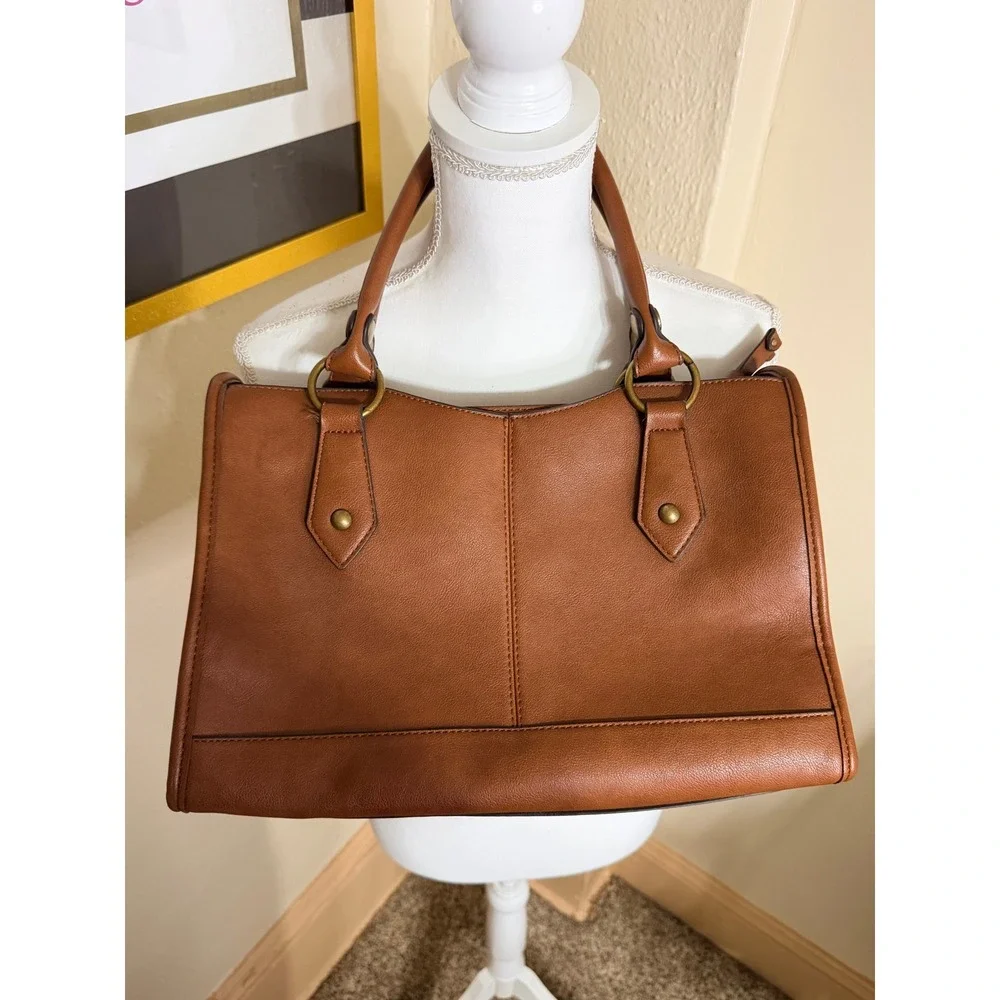 Frye and Co Womens Cognac Brown Faux Leather Satchel Handbag Tote Brass Hardware